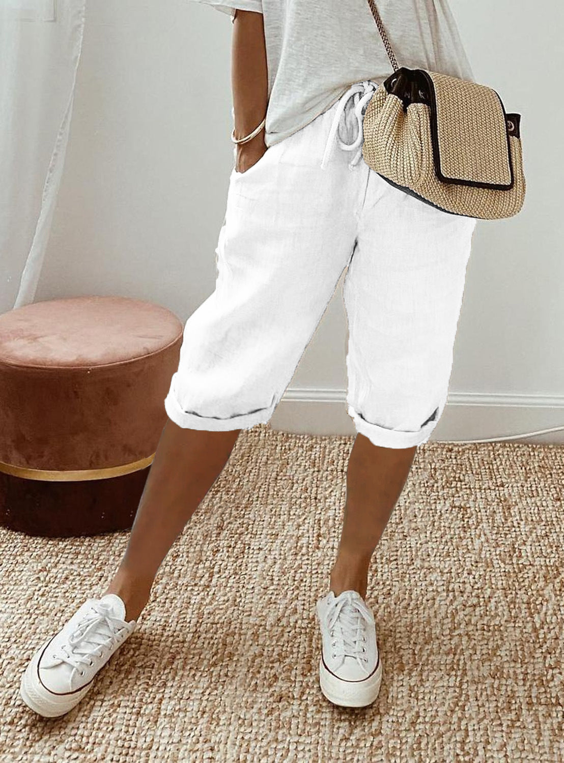 Pantalon court femme en coton et lin avec poches