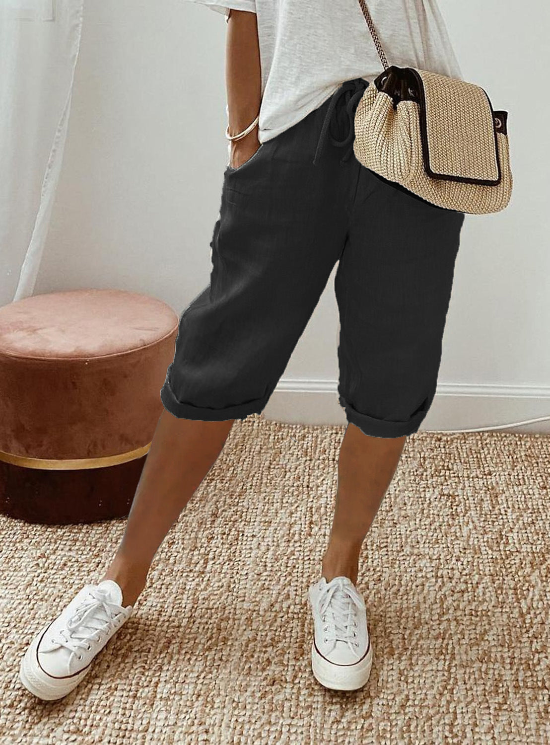 Pantalon court femme en coton et lin avec poches