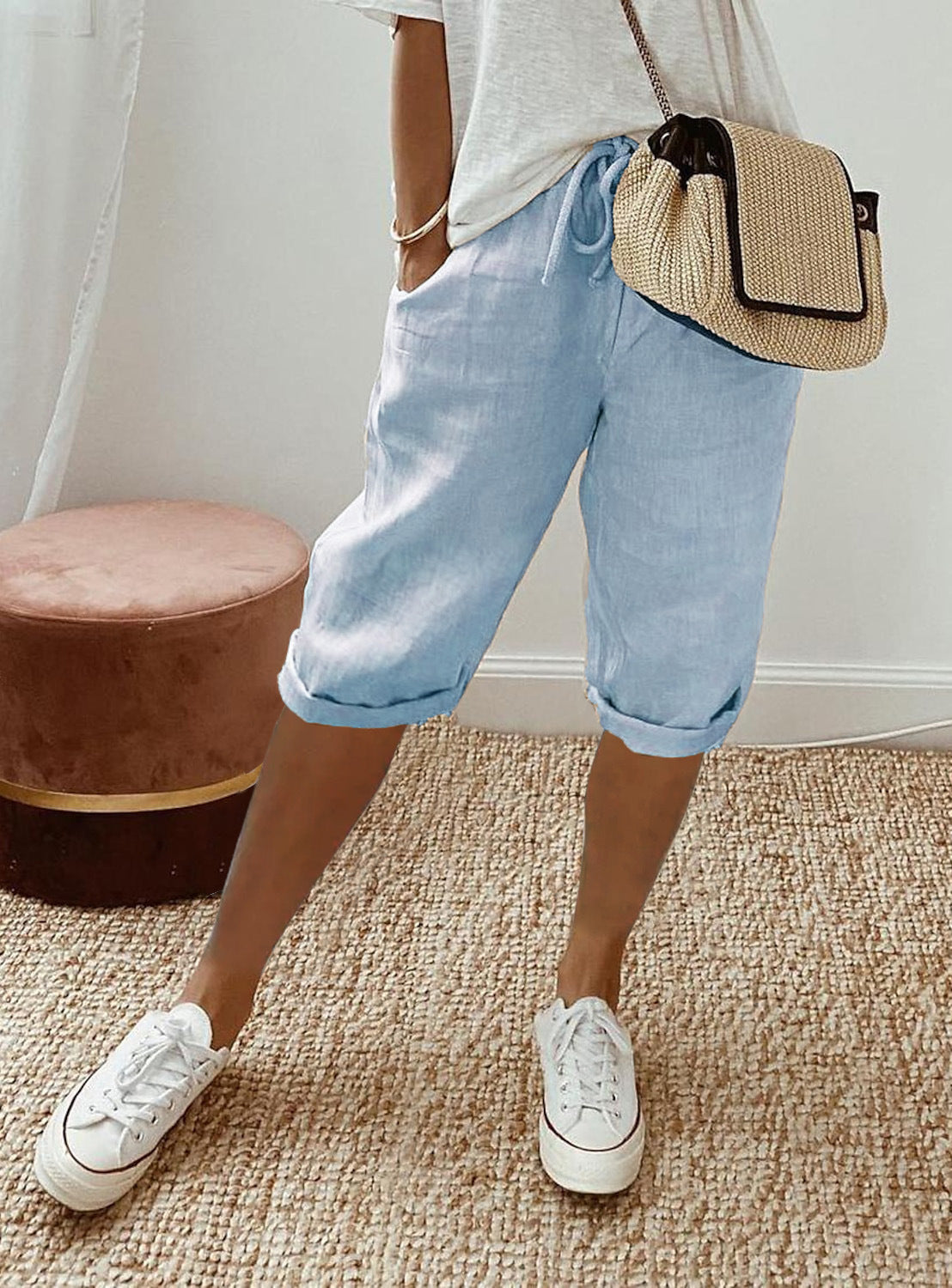 Pantalon court femme en coton et lin avec poches