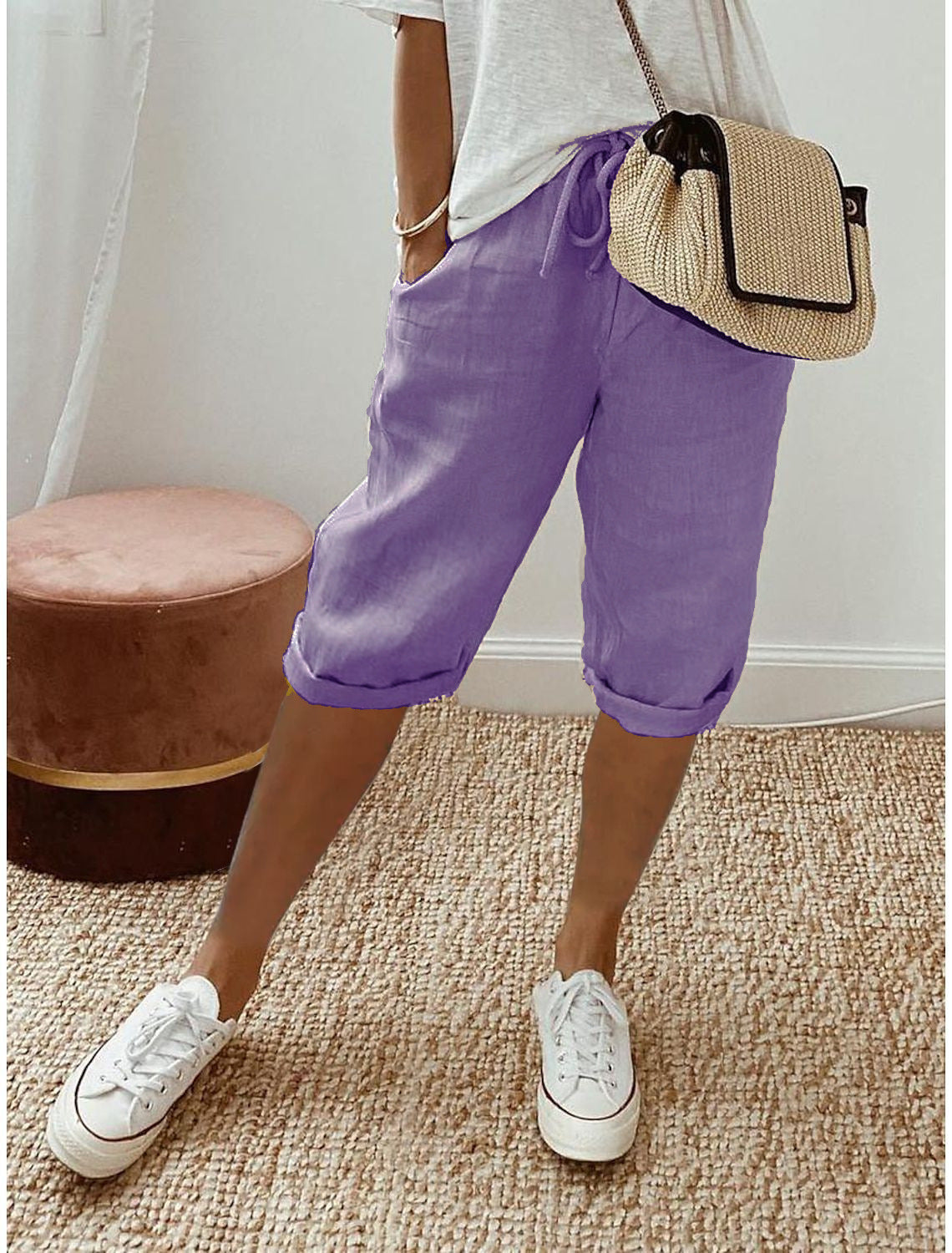 Pantalon court femme en coton et lin avec poches