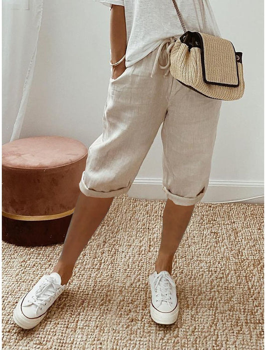 Pantalon court femme en coton et lin avec poches